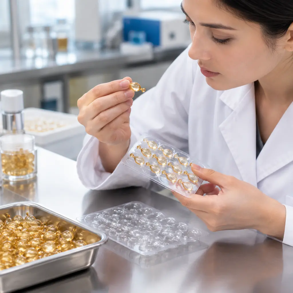 Packaging engineer inspecting serum capsule geometry and blister cavity fit