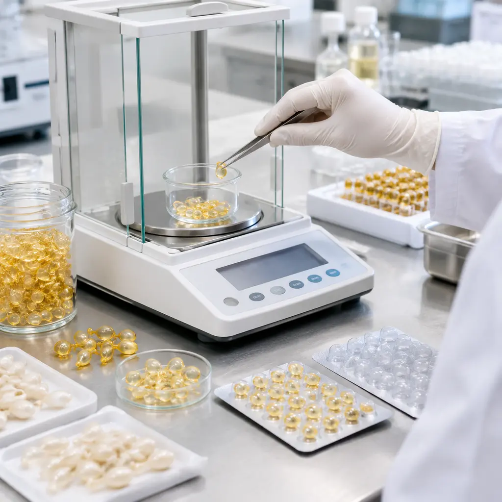 Serum capsule fill-weight sampling beside shell and blister packaging samples