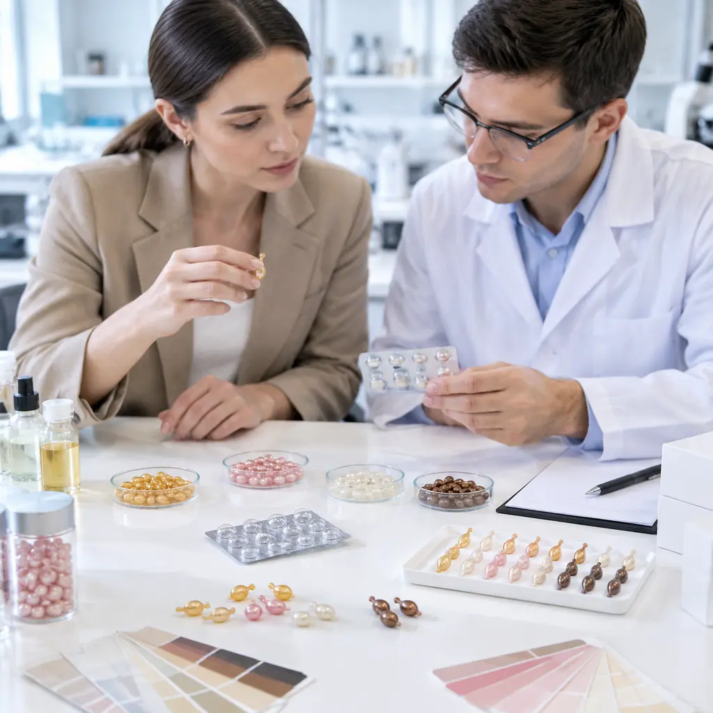Buyer and laboratory technician reviewing serum capsule samples and blister packaging options