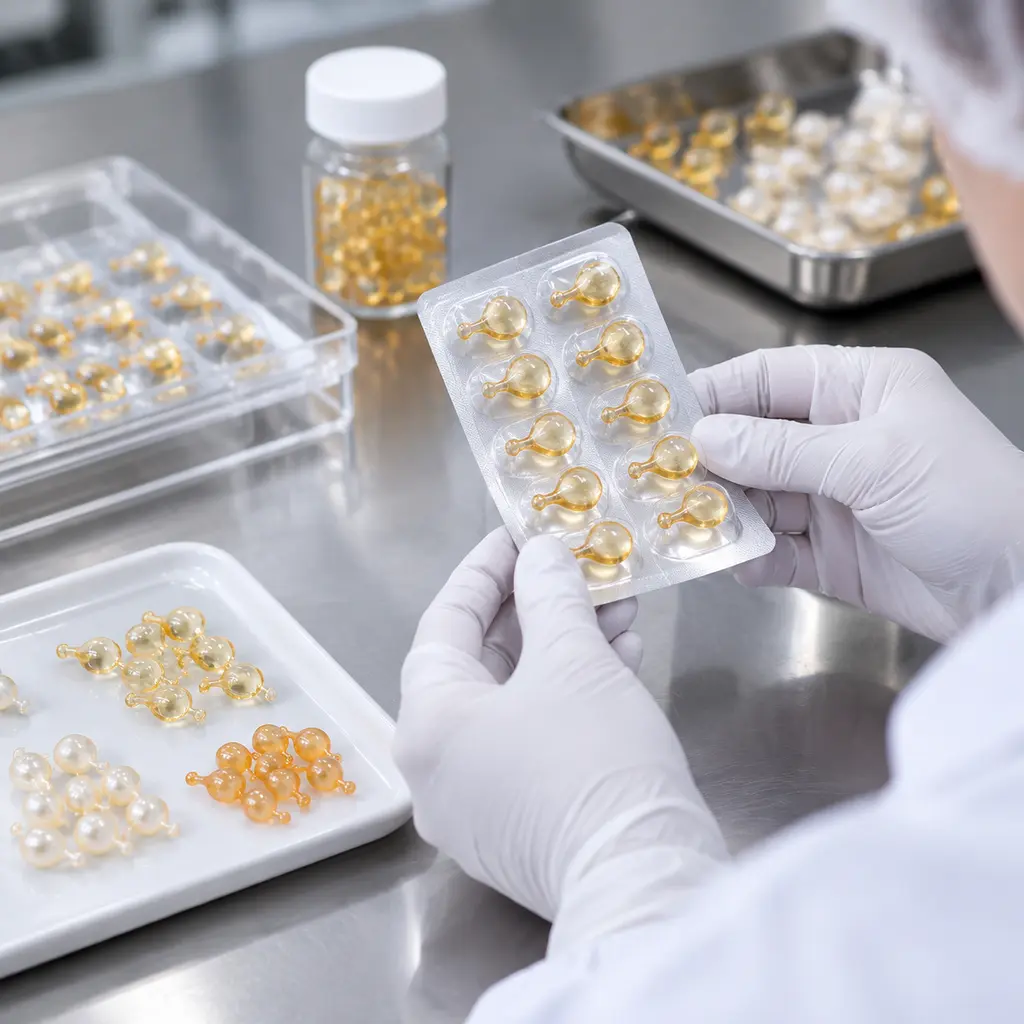 Quality technician inspecting serum capsule appearance and blister card deformation