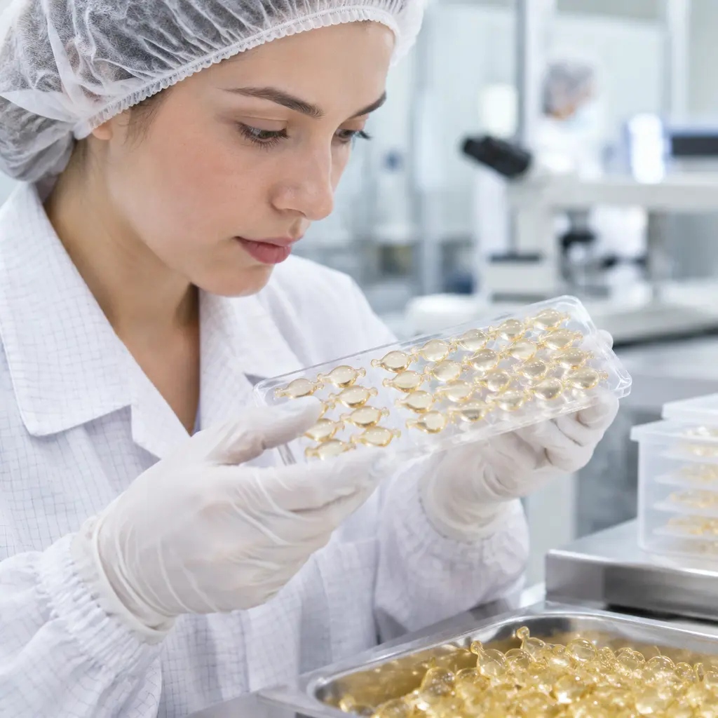 Technician inspecting serum capsule shell clarity and seam integrity before sampling