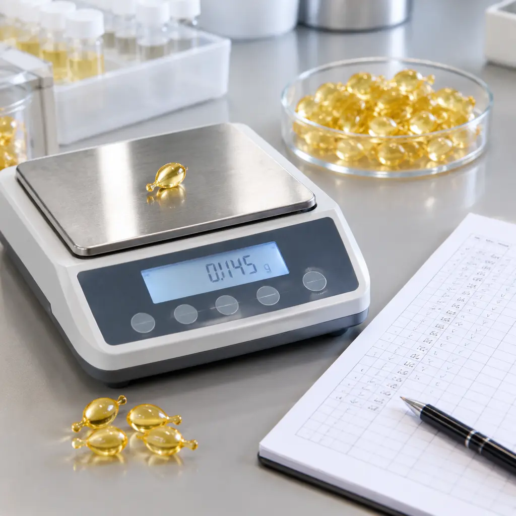 Individual facial oil capsules being weighed on a digital scale during fill-weight sampling