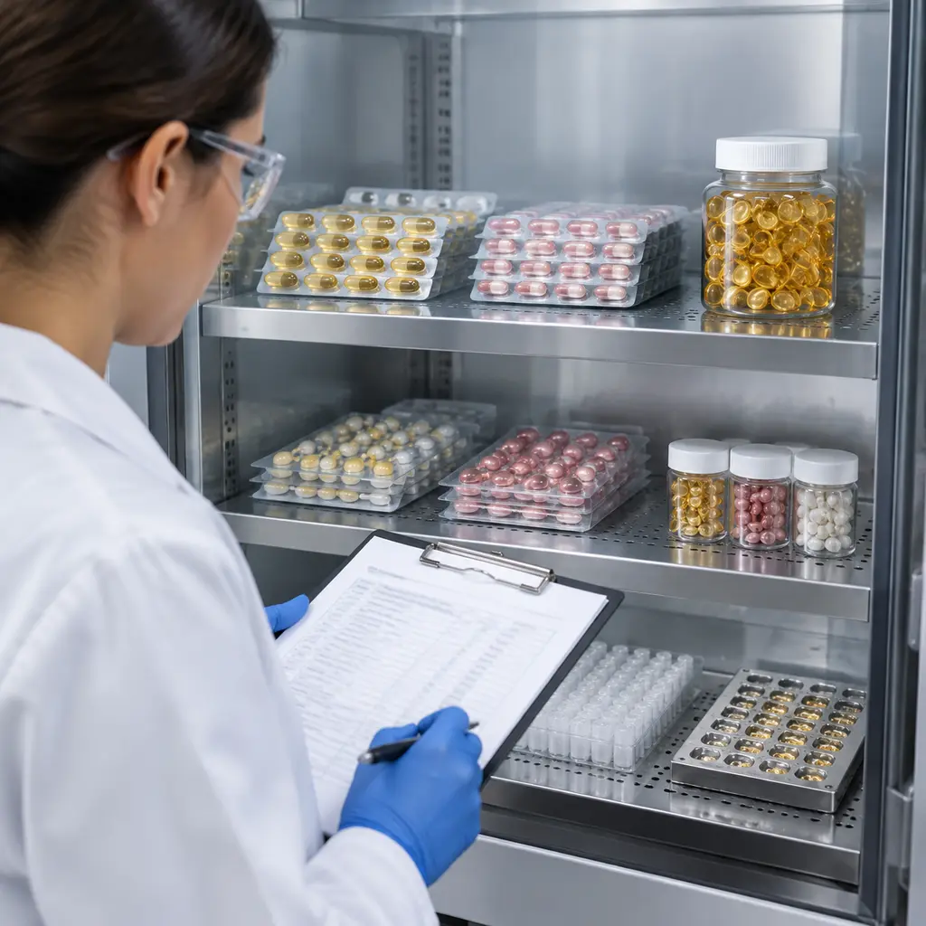 Retinol capsule blister packs and jar in a stability chamber during packaging compatibility review