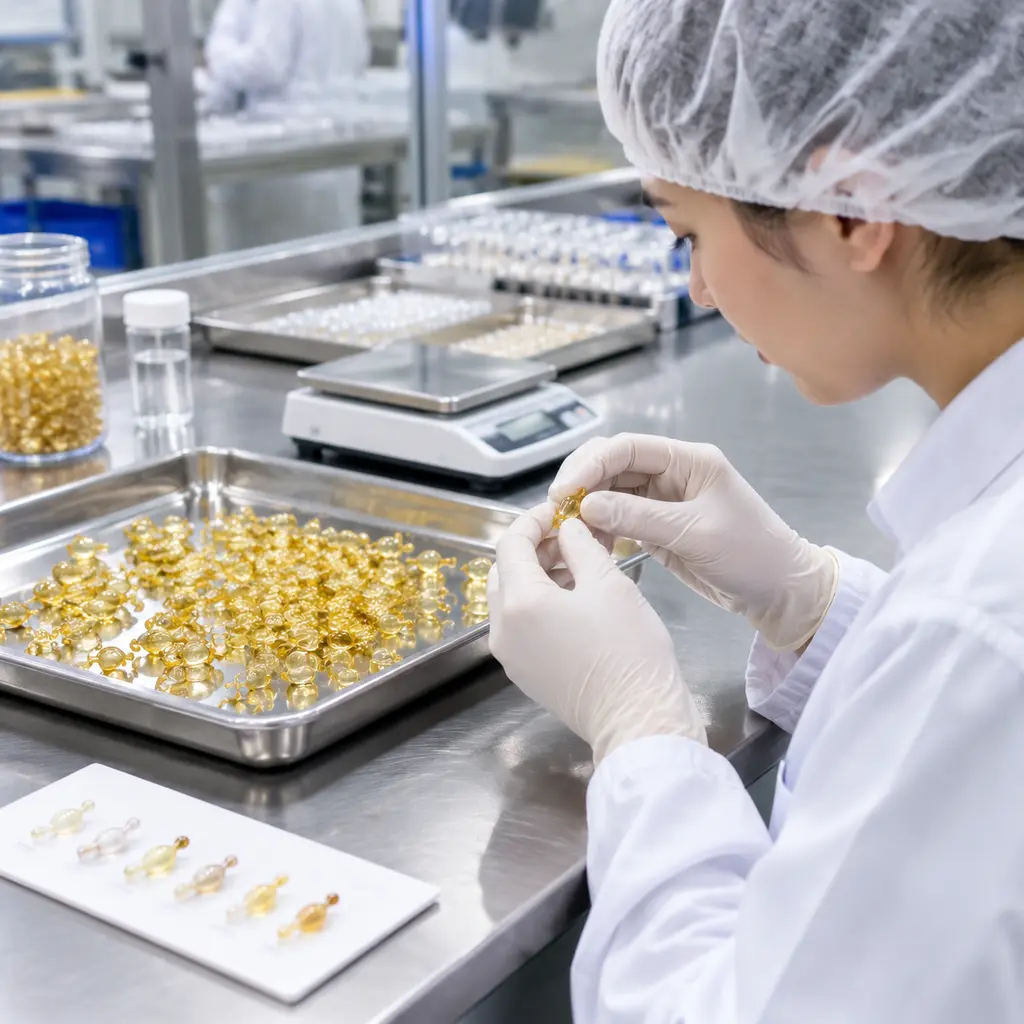 Technician inspecting a pilot batch of serum capsules beside a digital scale in a cosmetic manufacturing cleanroom