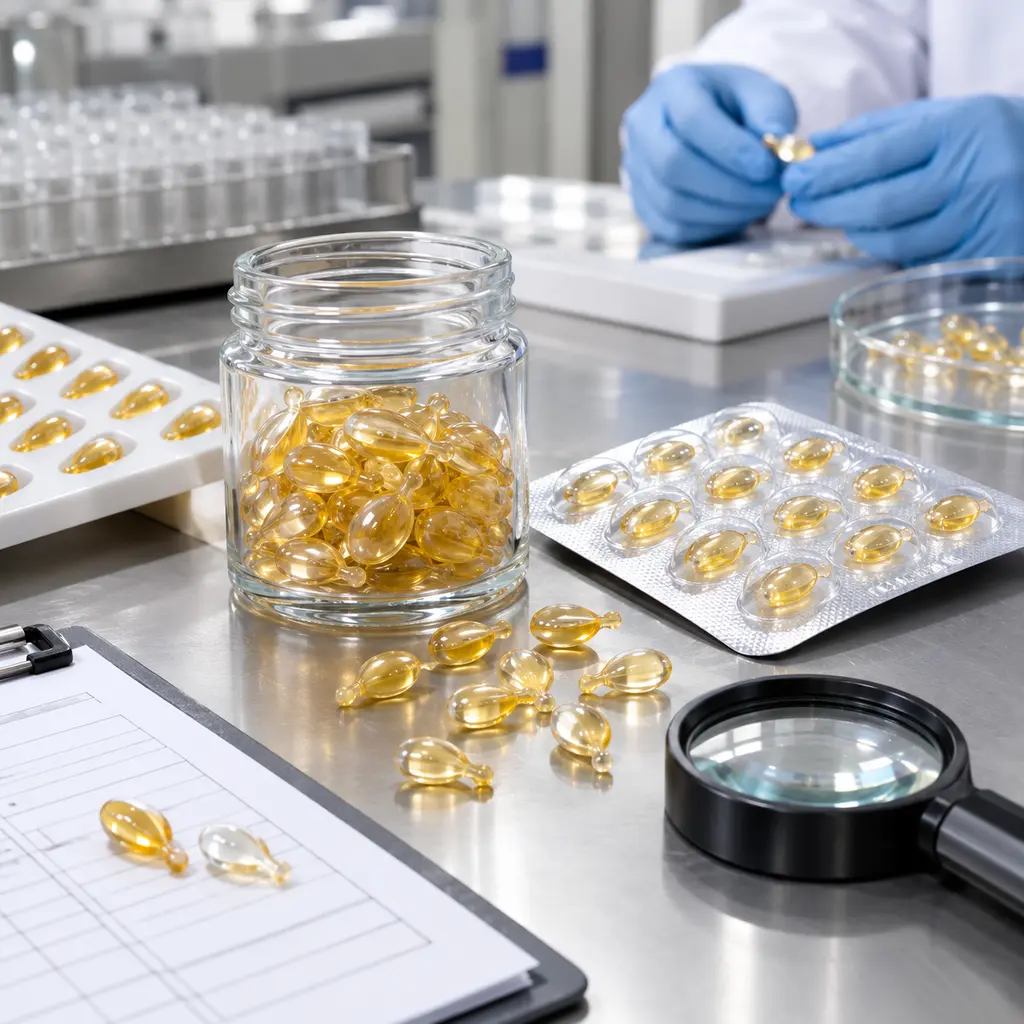 Quality control review of facial oil capsules next to blister packaging and a glass bottle on a lab bench
