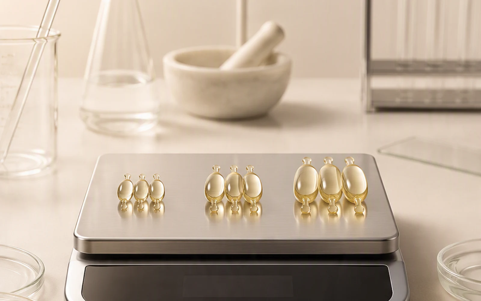 Skincare capsules, precision scale and capsule fill-weight development tools