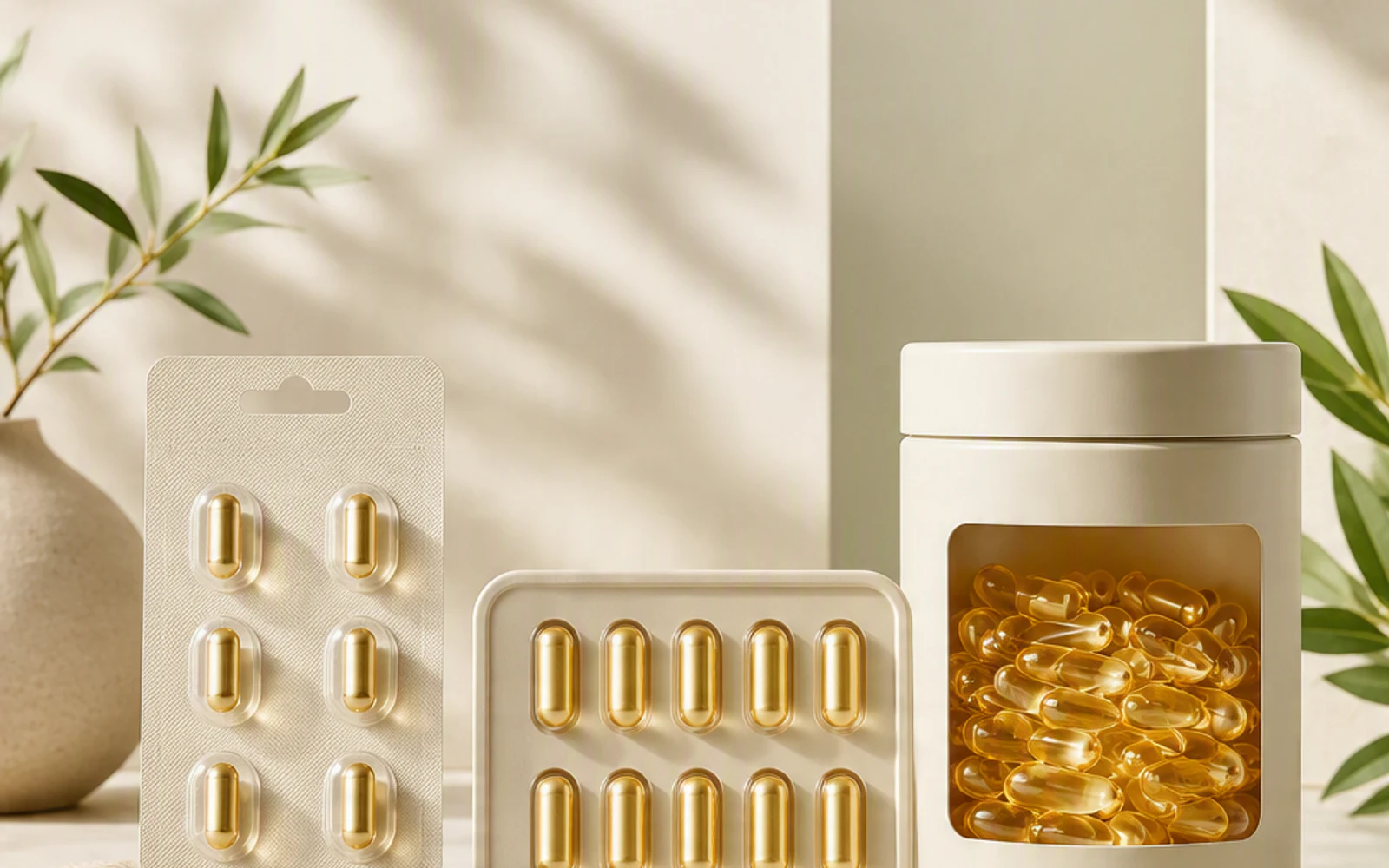 Seven, ten and thirty count capsule skincare packaging formats arranged for comparison