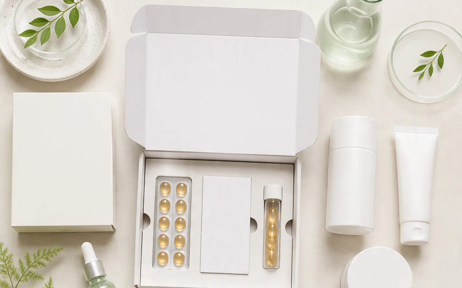 Capsule skincare sample kit with checklist and packaging review materials