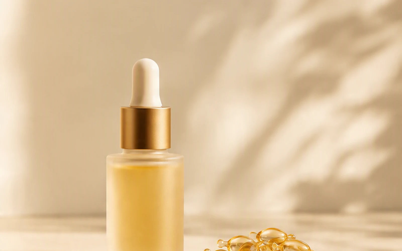 Single-dose facial oil capsules alongside a facial oil bottle for packaging comparison