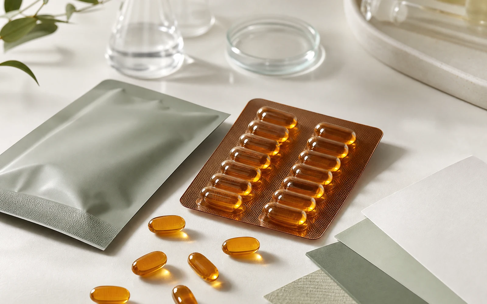 Amber capsule blister and retinol skincare capsules prepared for packaging review