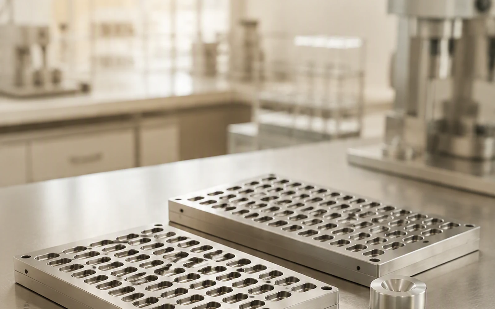 Stock capsule molds and a custom capsule mold component on a production workbench